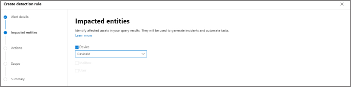 This is a screenshot of Impacted Entities page in the Create Custom Detection rule wizard.