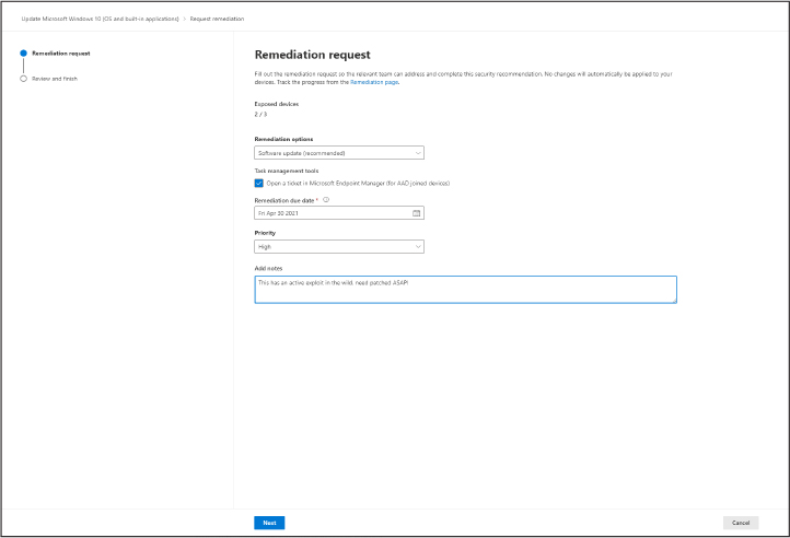 This is a screenshot of the Remediation Request wizard screen.