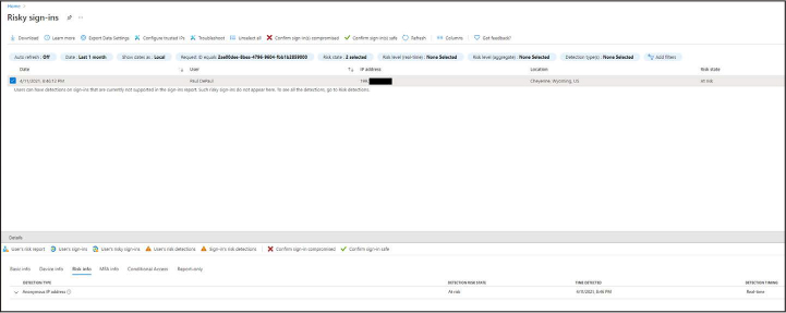 This is a screenshot of the risk information on the Risky Sign-Ins pane.