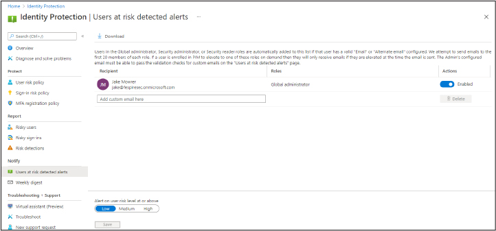 This is a screenshot of the Users At Risk Detected Alerts configuration page.
