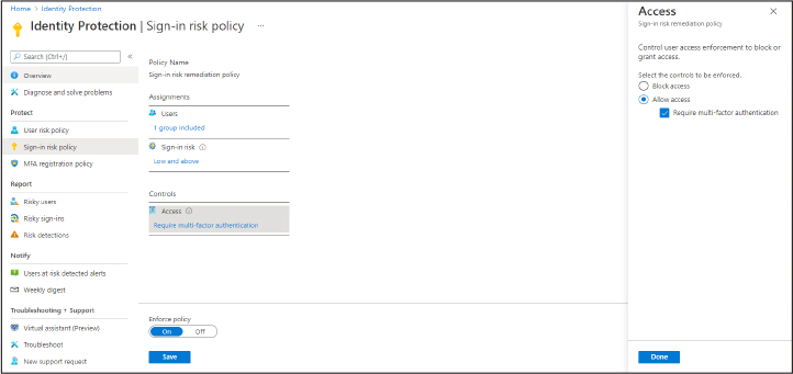 This is a screenshot of the Sign-In Risk Policy screen in Identity Protection.