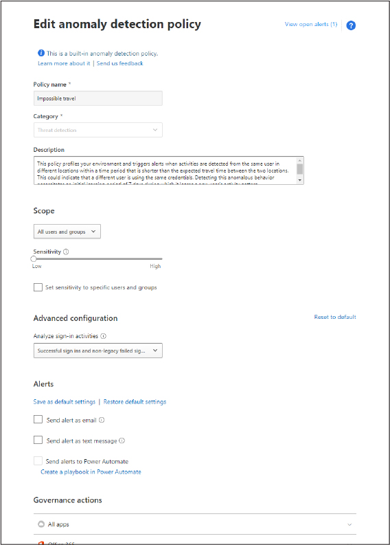 This is a screenshot of the Edit Anomaly Detection Policy screen in Microsoft Cloud App Security (MCAS).