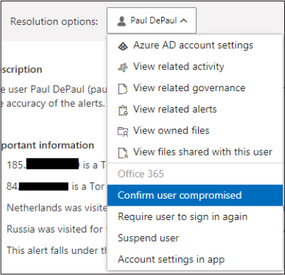 This is a screenshot of the Resolution Options for an alert in Microsoft Cloud App Security (MCAS).