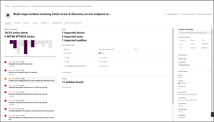 This is a screenshot showing the incident page in Microsoft 365 Defender.