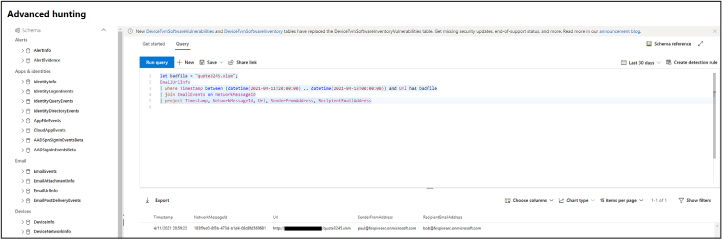 This is a screenshot showing the Advanced Hunting query editor and the results of the query you ran.