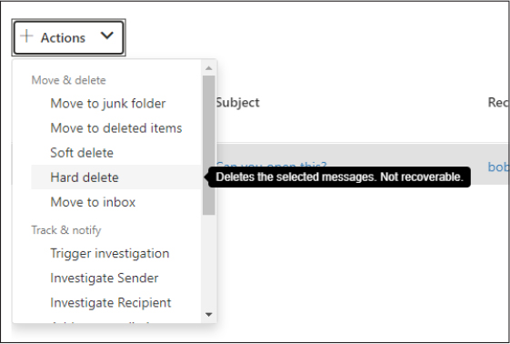 This is a screenshot showing the Actions drop-down menu, which shows the actions you can take on an email in the Explorer tool.