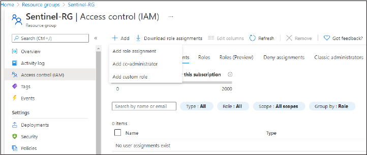 This is a screenshot that shows the Access Control (IAM) page and a user clicking the Add button, which in turn, displays a drop-down menu with three options, the first of which is Add Role Assignment.