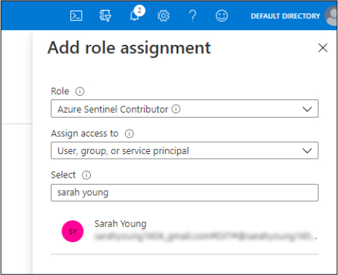 This is a screenshot that shows the Add Role Assignment blade, where you can configure the role to be assigned (in this case, Azure Sentinel Contributor), and then search for a user’s name to add that role to.