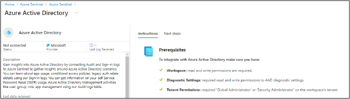 This is This is a screenshot that that shows the prerequisites required to use a data connector. This screenshot shows the Azure Active Directory page and the prerequisites required to enable this connector.