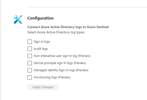 This is a screenshot that shows the Azure Active Directory data connector page, where users can follow the configuration steps required to activate this data connector. This screenshot shows the configuration instructions where there six checkboxes for different log types that can be selected. At the bottom is an Apply Changes button.