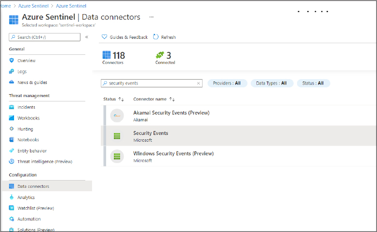This is a screenshot that shows the built-in Security Events connector in the data connector gallery.