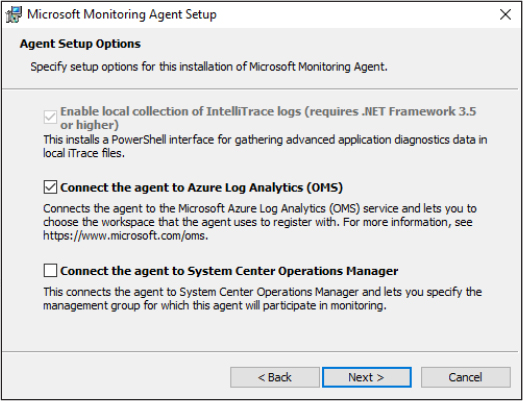 This is a screenshot that shows the Microsoft Monitoring Agent Setup page. Two options are available, Connect The Agent To Azure Log Analytics (OMS) and Connect The Agent To System Center Operations Manager; the former is selected.