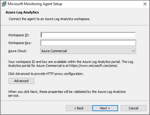 This is a screenshot that shows where where you enter the Workspace ID and Workspace Key into the Microsoft Monitoring Agent Setup dialog box. These values can be pasted in to allow the agent to connect.