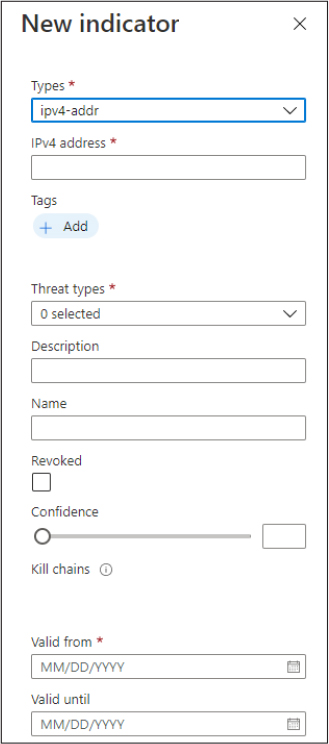 This is a screenshot that shows the New Indicator page, where you can add an IOC manually to Azure Sentinel. The configurable fields on the page are Types, Tags, Threat Types, Description, Name, Confidence Score (this uses a slider), and Valid From and Valid Until dates.