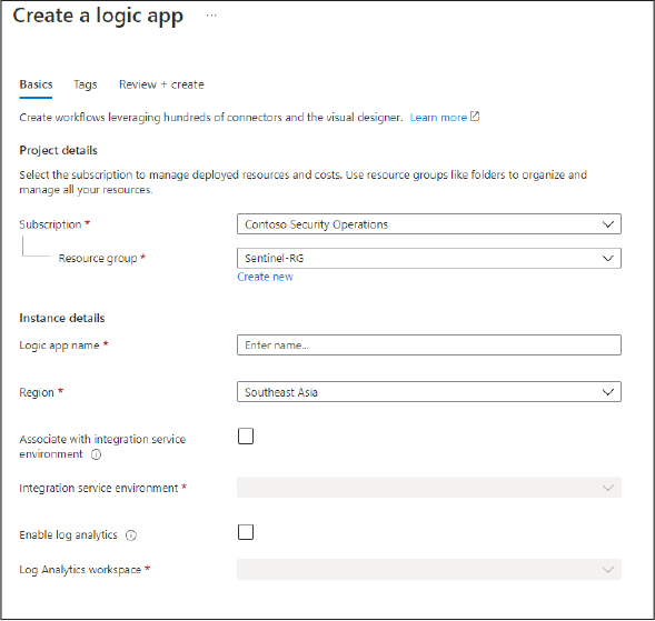 This is a screenshot that shows the Create A Logic App page in the Azure portal with a number of configurable fields that need to be completed—Subscription, Resource Group, Region, and Name.