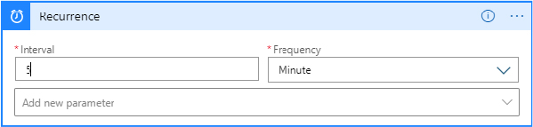 This is a screenshot that shows the Recurrence Logic App connector, where there are two fields with drop-down menus: Interval and Frequency. In the Interval drop-down menu, 5 has been selected; in the Frequency drop-down menu, Minute has been selected. Below these two fields is an Add New Parameter drop-down menu.