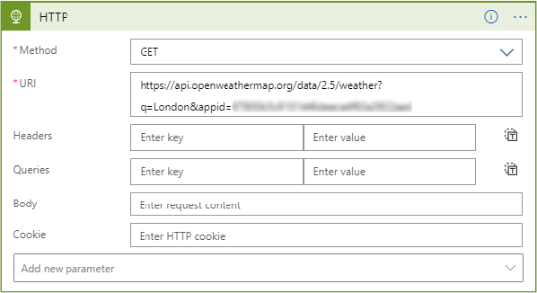 This is a screenshot that shows the HTTP request being made to the external API in the Logic App Designer. The configurable fields are Method, URI, Headers, Queries, Body, and Cookie. In this example, only the Method and URI fields have been completed.