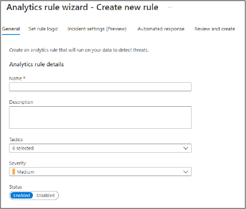 This is a screenshot that shows a blank Analytics Rule Wizard, where you can create a new analytics rule . The configurable fields are Name, Description, MITRE Tactics, Severity, and Status. 