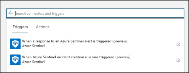 This is a screenshot that shows searching for an Azure Sentinel trigger in the Logic App Connector gallery. It shows two triggers: When A Response To An Azure Sentinel Alert Is Triggered and When An Azure Sentinel Incident Creation Rule Was Triggered.