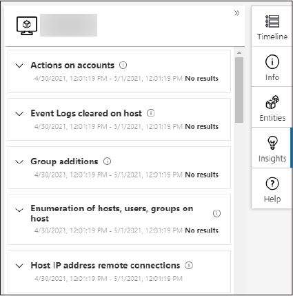 This is a screenshot that shows the Insights panel in the investigation graph. The additional insights available are Actions On Accounts, Event Logs Cleared On Host, Group Additions, Enumerations Of Hosts, Users, Groups On Host, and Host IP Address Remote Connections.