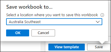 This is a screenshot that shows a workbook being saved to the workbooks gallery. The Select A Location Where You Want To Save This Workbook drop-down menu allows you to pick the region to which you want to save the workbook.
