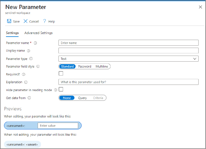 This is a screenshot that shows parameters being added to a custom workbook in Azure Sentinel. The configurable fields are Parameter Name, Display Name, Parameter Type, Parameter Field Style, and Explanation.