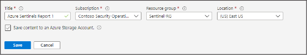 This is a screenshot that shows saving a custom workbook in Azure Sentinel. The configurable fields are Title, Subscription, Resource Group, and Location. A blue Save button is on the bottom-left side of the screen.