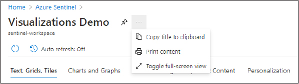 This is a screenshot that shows the workbook printing options in Azure Sentinel. Clicking the ellipsis icon to the left of the workbook title display a drop-down menu with these options: Copy Title To Clipboard, Print Context, and Toggle Full-Screen View. 