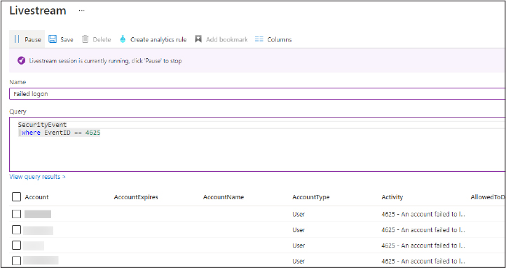 This is a screenshot that shows the Livestream page with query results in Azure Sentinel. The screenshot shows that the Failed Logon query returned a number of results, which are shown at the bottom of the screen.
