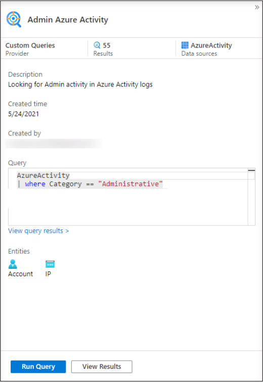This is a screenshot that shows the Hunting Query Preview pane in Azure Sentinel. It shows the name, number of Results, Data Sources, Description of the query, Created Time, Created By, the KQL of the Query, and the Entities involved. 
