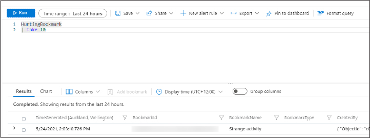 This is a screenshot that shows saved bookmarks being searched in the HuntingBookmark table in Azure Sentinel. 
