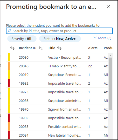 This is a screenshot that shows the Promoting Bookmark To An Existing Incident pane in Azure Sentinel. A list of incidents that the bookmark can be attached to are listed for a user to select.