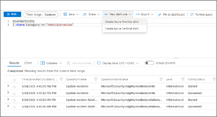 This is a screenshot that shows the Logs page in Azure Sentinel. The New Alert Rule drop-down menu has been opened to show two options: Create Azure Monitor Alert and Create Azure Sentinel Alert. 