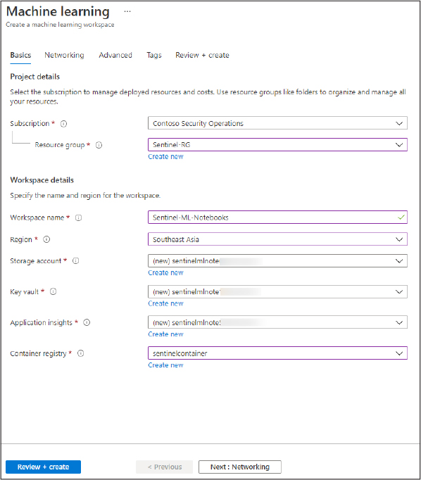 This is a screenshot that shows the Machine Learning page. The configurable fields are Subscription, Resource Group, Workspace Name, Region, Storage Account, Key Vault, Application Insights, and Container Registry.