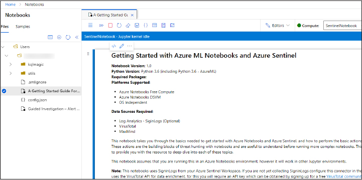This is a screenshot that shows a notebook opened in the AML interface. It shows the Getting Started With Azure ML Notebooks And Azure Sentinel notebook template.