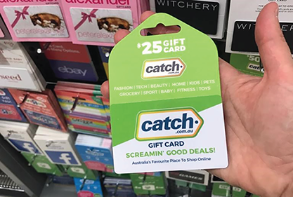 Photo depicts the Catch-branded gift cards in the big retail stores.