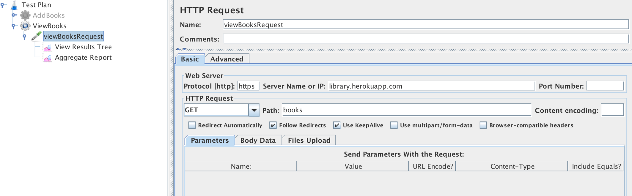 ViewBooks HTTP Request configuration