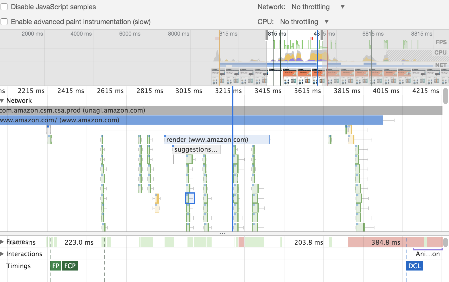 A sample report from the performance profiler of Chrome dev tools