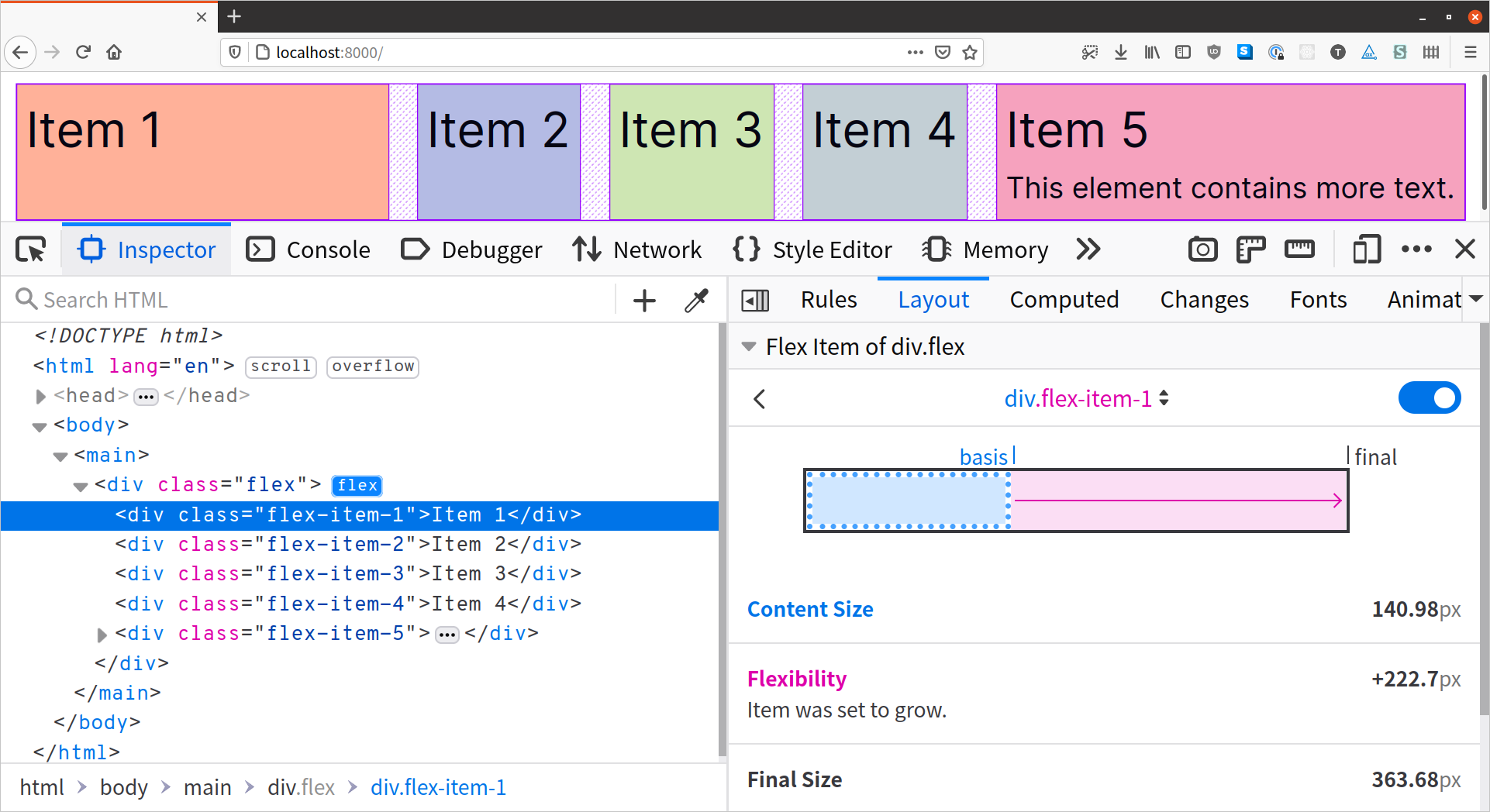 The Firefox flex inspector also indicates when a flex item is set to grow or shrink