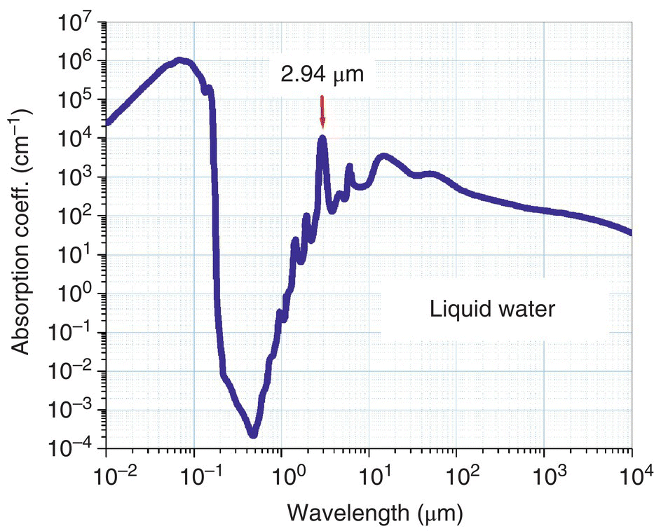 Graph of absorption coefficient versus wavelength displaying a fluctuating curve for liquid water with a downward arrow marking the peak for 2.94 μm.