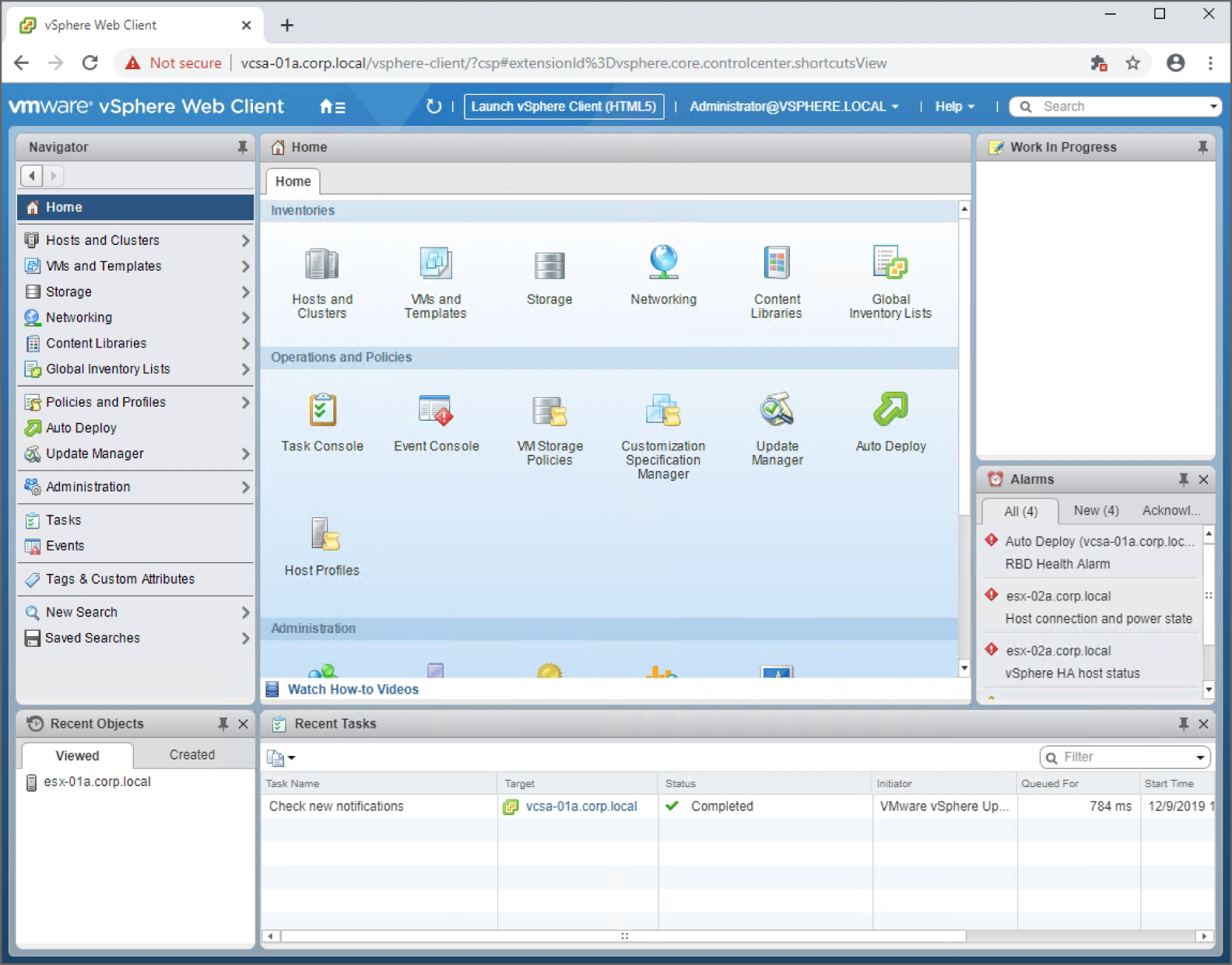 Snapshot of the home page of the Flex vSphere web client.