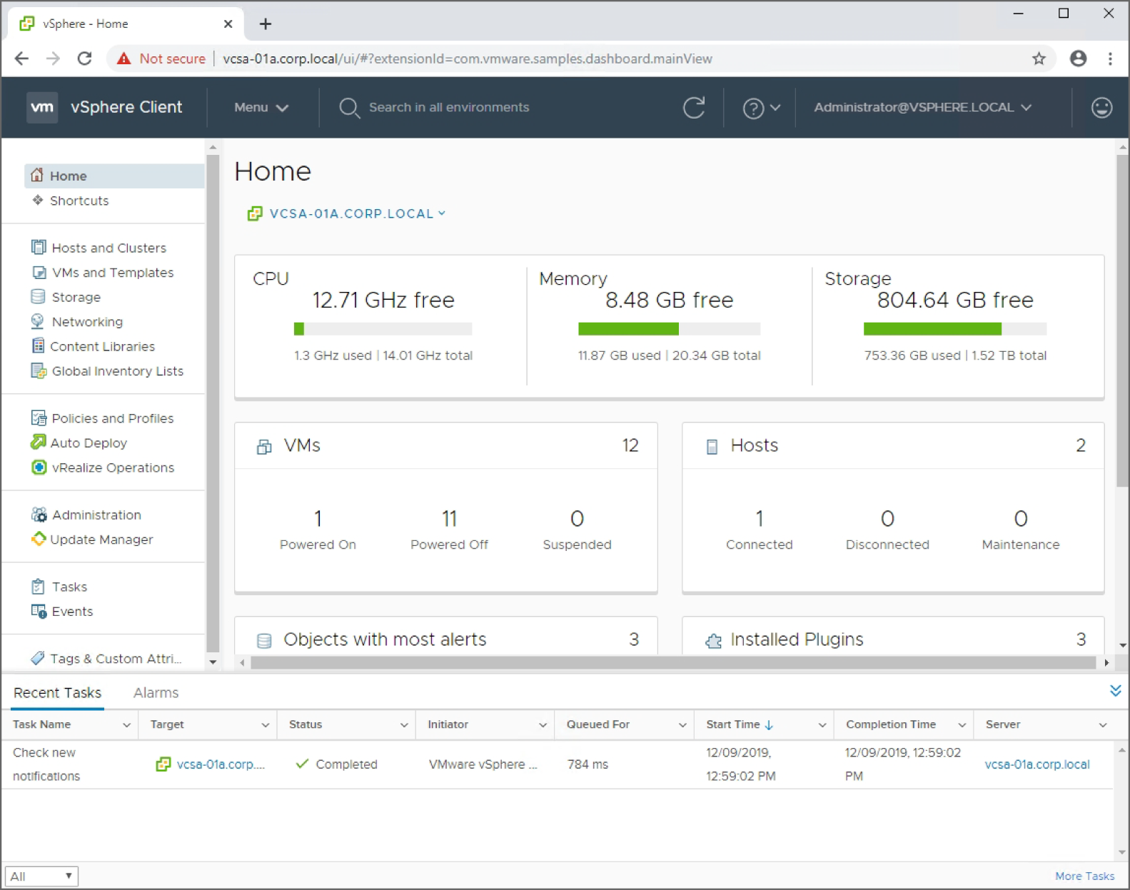 Snapshot of the home page of the HTML5 vSphere client.