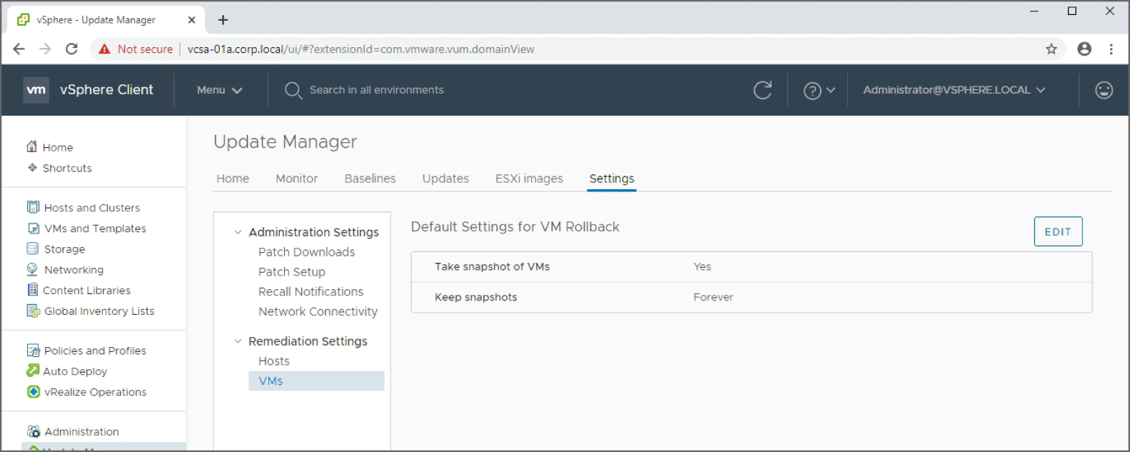 Snapshot of changing the settings for VM remediation.