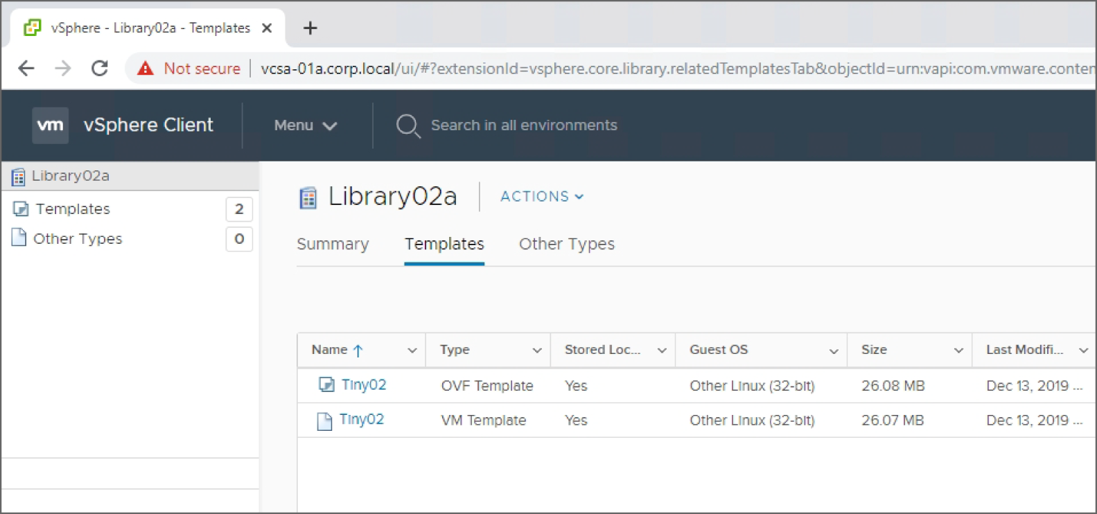 Snapshot of the content library showing a virtual machine which has uploaded as a VM template and OVF.