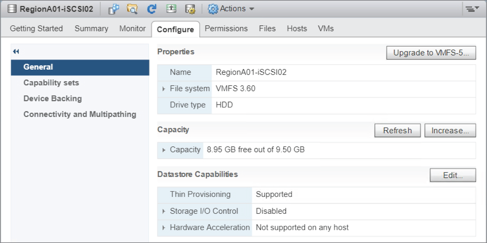 Snapshot of the Configure tab of a VMFS3 datastore.
