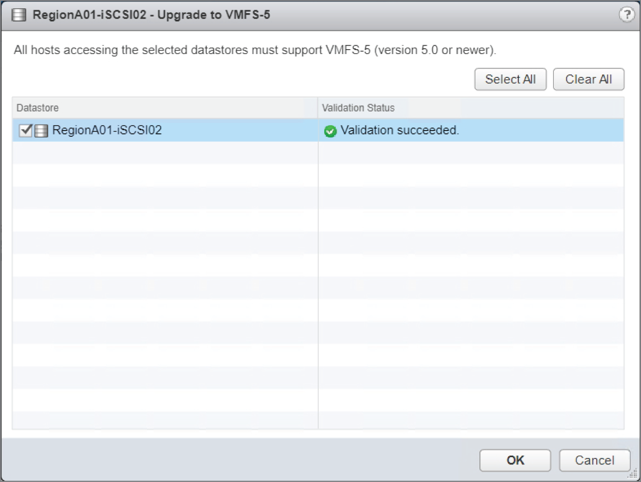 Snapshot of upgrading to VMFS5.