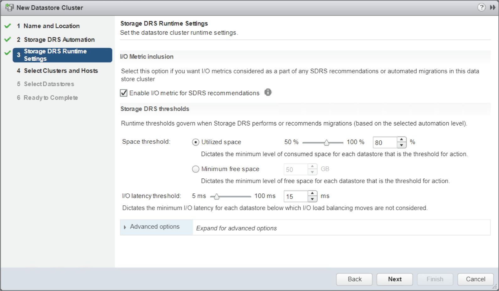 Snapshot of the storage DRS default settings.