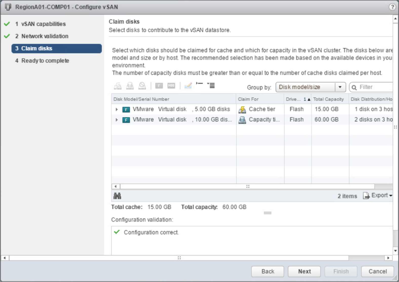 Snapshot of claiming disks for the vSAN cluster.