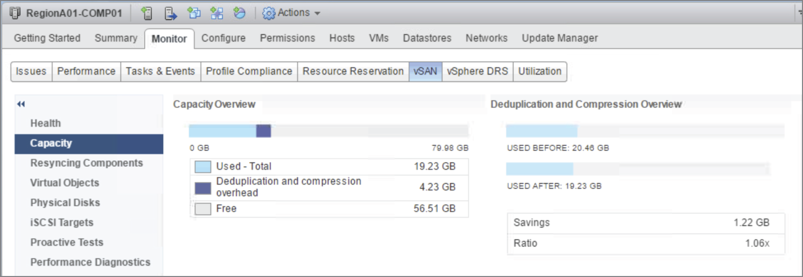Snapshot of the vSAN capacity overview.