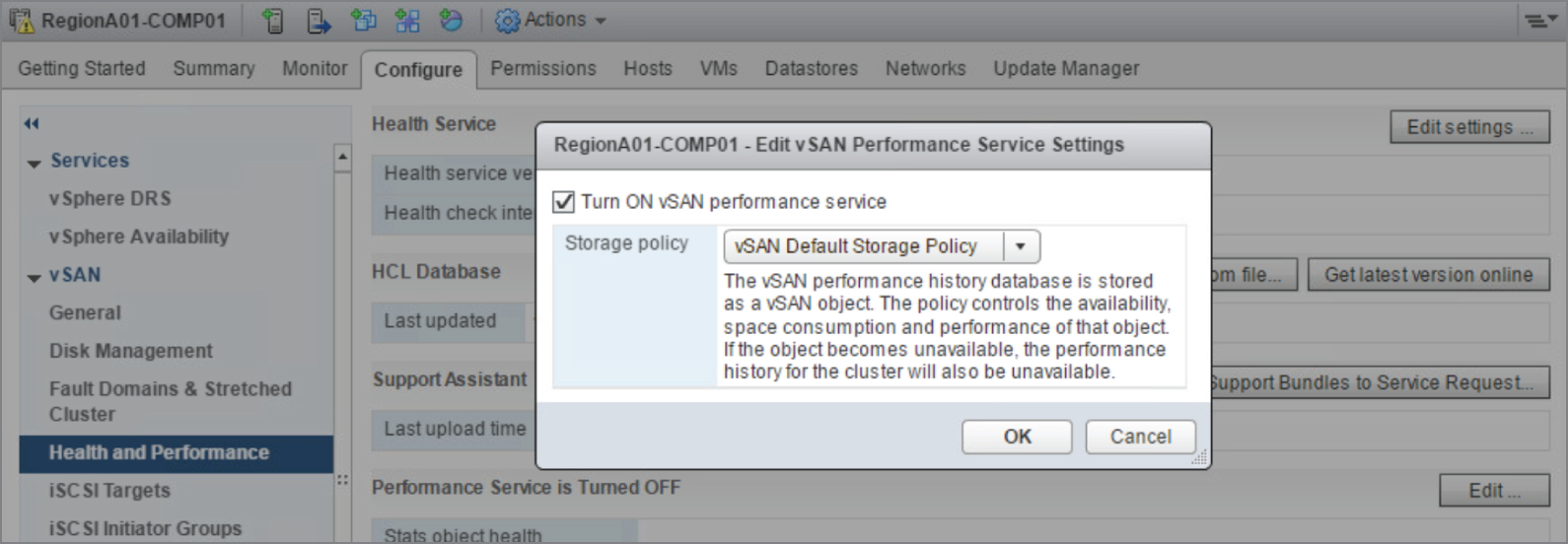 Snapshot of enabling the vSAN performance service.